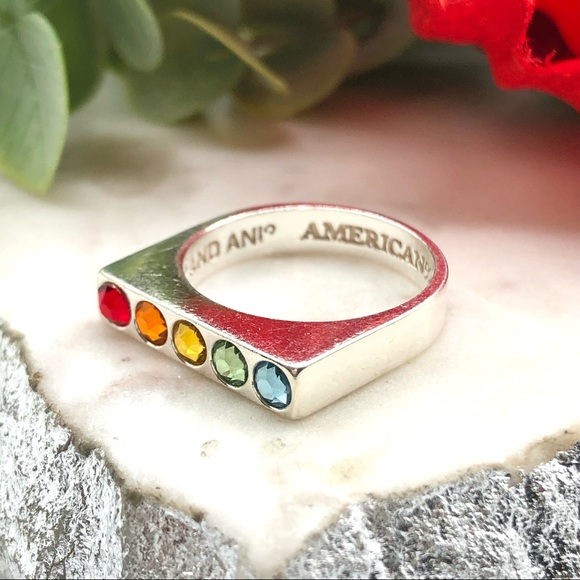 Alex And Ani Sterling Silver Rainbow Crystal Signet Bar Flat Top Rhinestone Ring - Picture 10 of 17